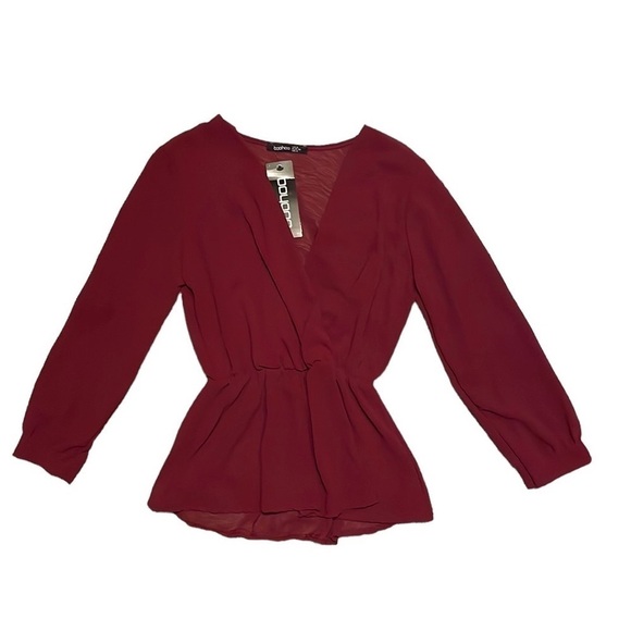 NWT Boohoo Tall Wrap Peplum Long‎ Sleeve Blouse - Picture 1 of 7